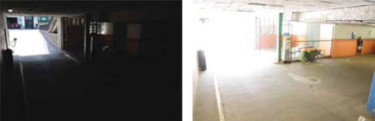 Figures 1 and 2. Parking garage, indoor. To the left, the image is underexposed. To the right, the image is overexposed
